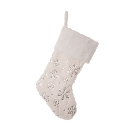 Glitzhome; Glitzhome® 21" White Plush with Snowflake Christmas Stocking; Category:Christmas Stockings; Image:1